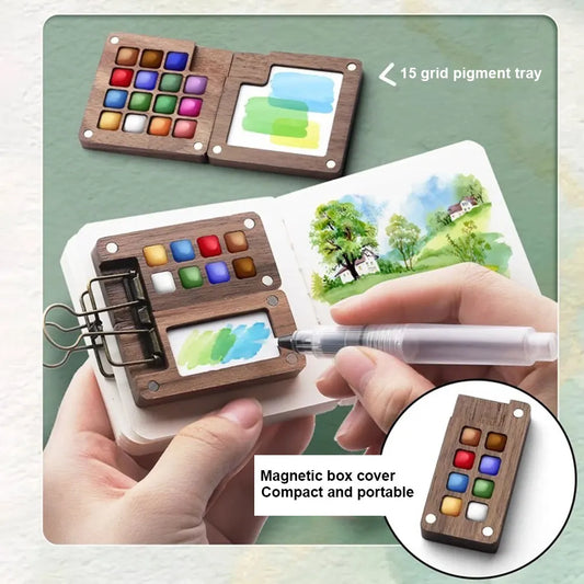 New Mini Watercolor Paint Set Portable Pocket Artist Travel Art Painting Kit with Clip Wooden 8/15 Grid Box Miniature Color Set