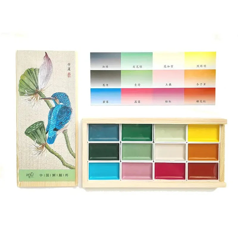 12-Color Handmade Chinese Painting Set - Professional Watercolor Paints in Solid Colors, Ideal for Sketching and Illustration